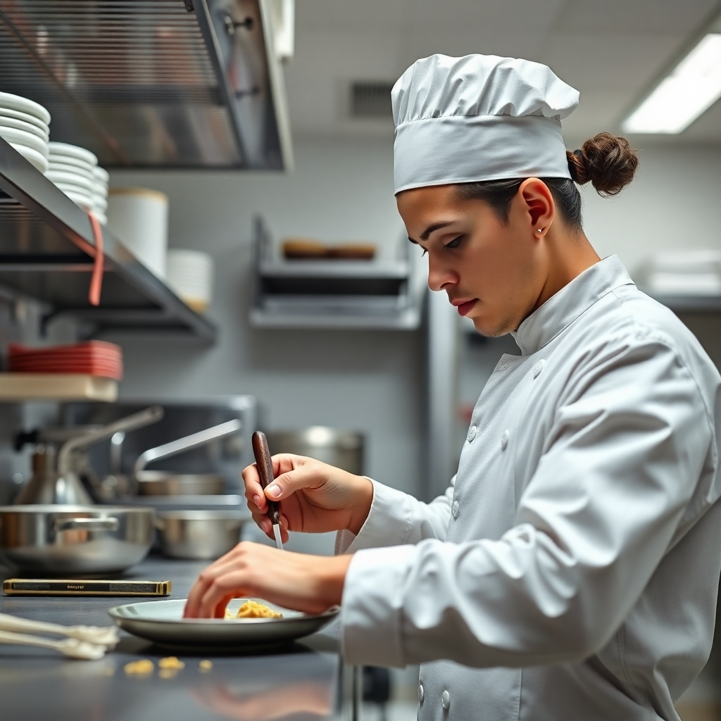 A photorealistic image of a culinary student diligently working in a kitchen, focusing on the detail and precision. The composition should be focused on the details of the task. The lighting should be bright and well-lit. The color palette should be clean and modern. The camera angle should be slightly low, looking up at the student. The texture details should be realistic and well-defined. The environment is a clean, well-equipped culinary school kitchen. The style is photorealistic, emphasizing the details of the learning environment. The resolution is 4K and the image should be high quality.