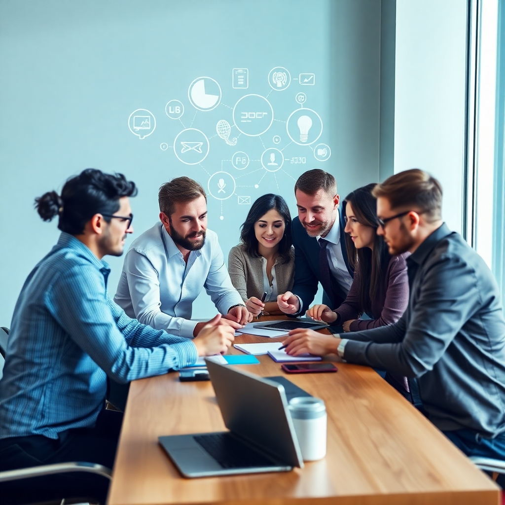 A photorealistic image of a diverse team of consultants brainstorming new ideas using digital tools and collaborative technology.