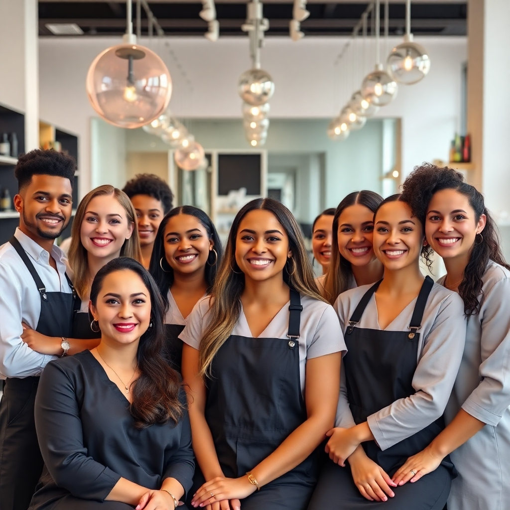 A photorealistic image of a diverse team of friendly, highly skilled stylists and estheticians smiling warmly at the camera, in a beautifully designed and modern salon. They should look professional and welcoming, showcasing the salon's positive and inclusive atmosphere. Highlight the salon's clean and elegant design