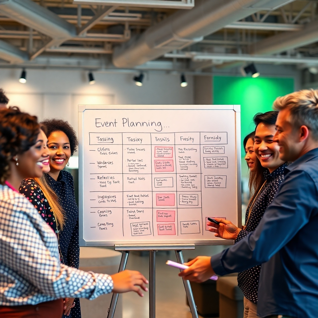 A photorealistic image of a diverse team of people collaboratively working on an event planning project.  They are using a whiteboard with tasks organized using a Kanban system, showing different stages of progress. The atmosphere should be positive and collaborative, with people smiling and engaged in the process.