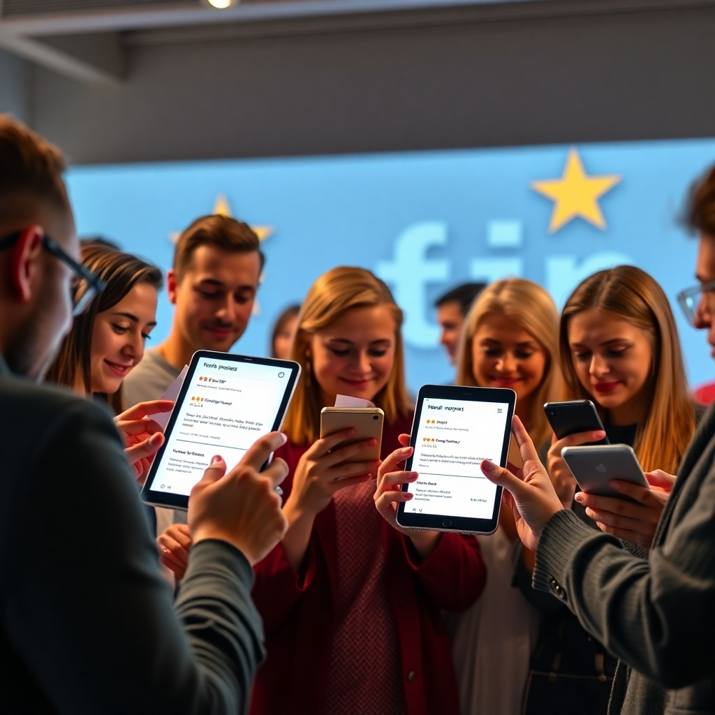 A photorealistic image of a diverse group of people looking at glowing tablets and smartphones displaying positive reviews and testimonials about a business. The background subtly shows the business logo, creating a feeling of community and positive feedback. Highlighting trust and positive brand association, the image should be bright, clean, and professional.