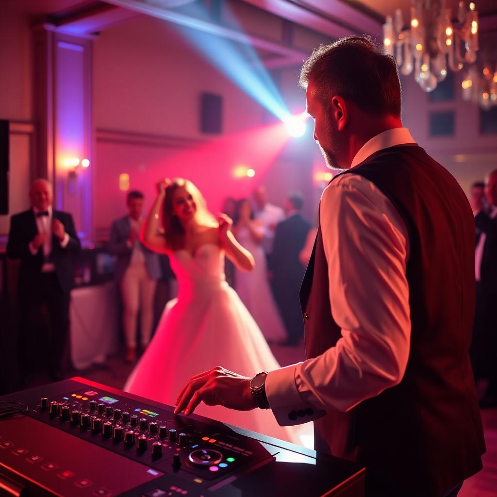 A photorealistic image of a DJ performing at a wedding reception, with a happy couple dancing on the dance floor. The lighting is warm and romantic. The scene must be elegant and celebratory. The image must be photorealistic and capture a happy, lively event