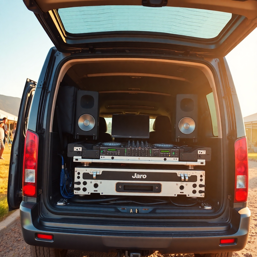 A photorealistic image of a DJ setup being transported in a vehicle or being set up at an outdoor event. The image must be realistic and high-quality. The lighting should be natural daylight.  The image should have a sense of ease and reliability