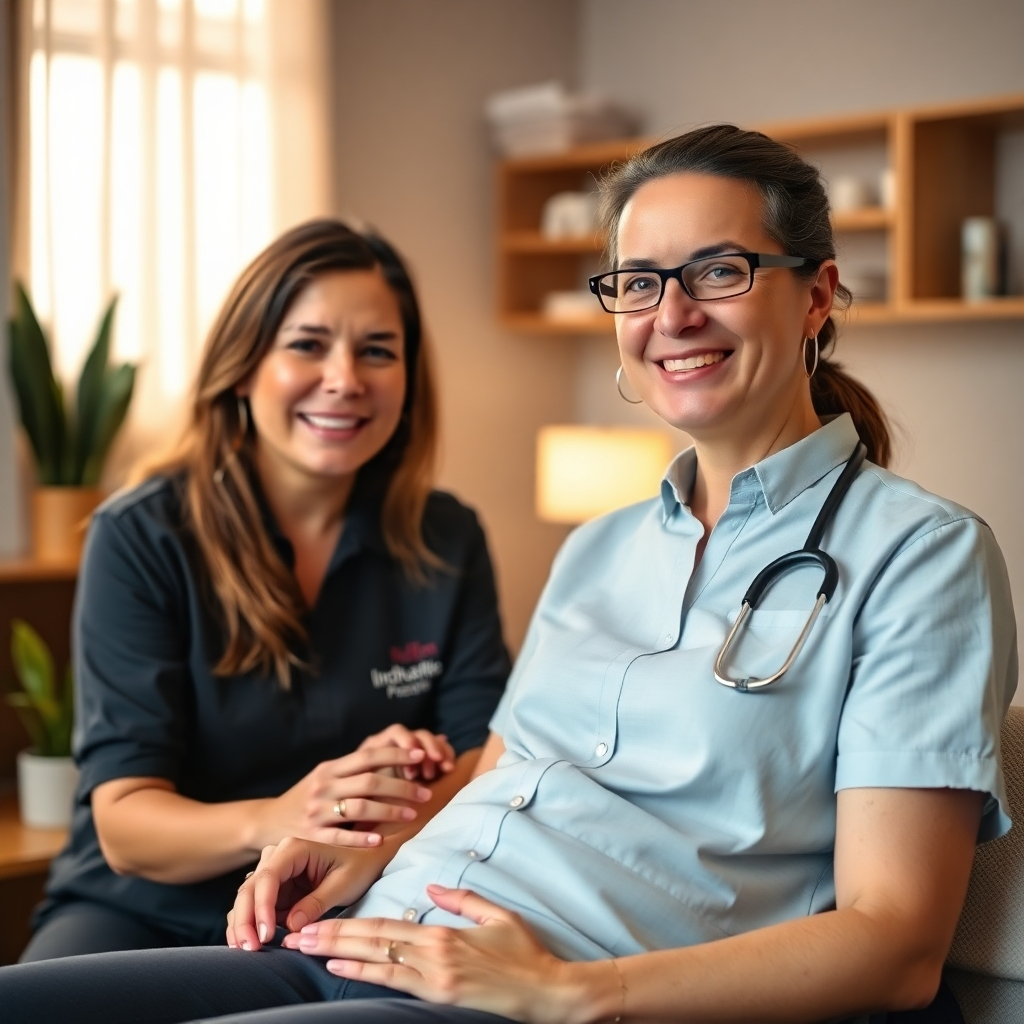 A photorealistic image of a friendly, competent-looking acupuncturist interacting with a relaxed client.  The setting should be a clean and professional acupuncture clinic.  Lighting should be warm and welcoming.  The composition should focus on the connection between the practitioner and client.  The image should evoke a sense of trust and professionalism.