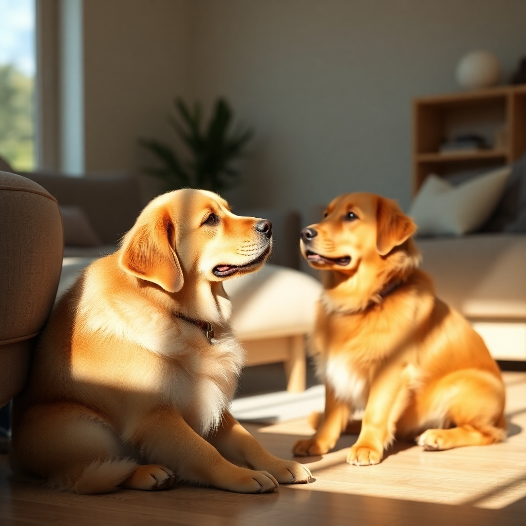 A photorealistic image of a golden retriever sitting patiently beside its owner, who is holding a treat and making eye contact. The background should be a quiet, sunny living room.  The lighting should be soft and natural, emphasizing the bond between dog and owner. The image should evoke a sense of calm and trust.