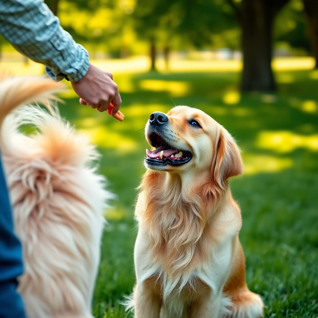 A photorealistic image of a golden retriever happily receiving a treat from its owner after successfully completing a training exercise. The dog's tail is wagging vigorously, and both the dog and owner have joyful expressions. The setting is a sunlit park with lush green grass.
