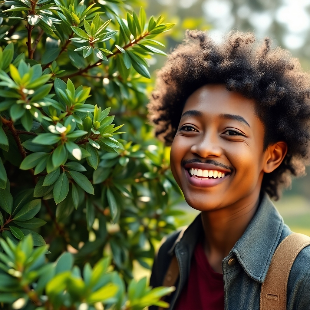 A photorealistic image of a happy customer smiling next to a healthy, flourishing tree. The image should have a warm, inviting tone. Natural lighting and a visually appealing background are important elements to include. Resolution: 4K, High-quality