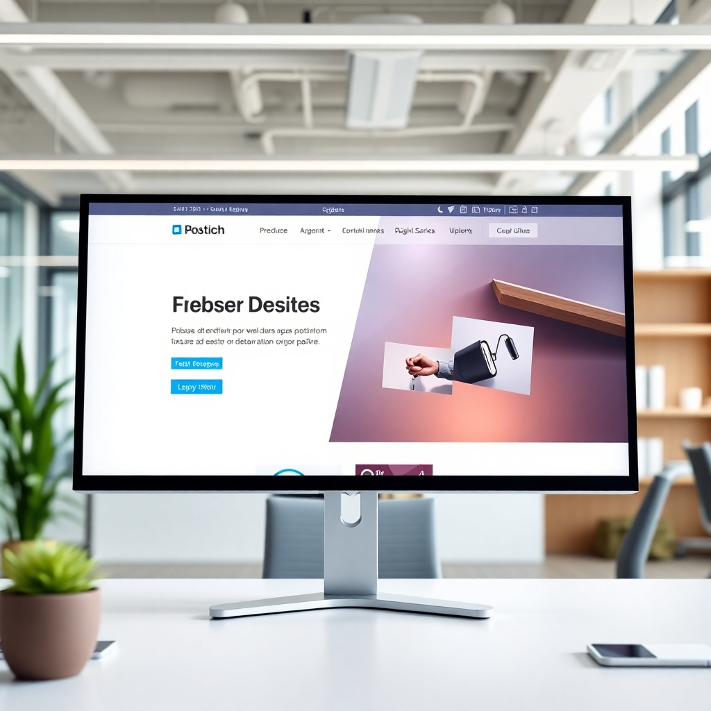 A photorealistic image of a high-quality website design displayed on a large monitor in a modern office setting. The image should emphasize the website's clean design and intuitive layout, showcasing its professional appearance and user-friendliness. The camera angle should be eye level, allowing a clear view of the website design and the office environment. The lighting should be bright and professional, illuminating all elements of the scene effectively.
