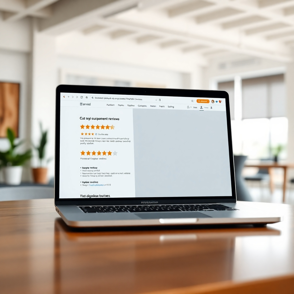  A photorealistic image of a laptop displaying a business's website with many positive customer reviews and a high star rating. The background should be a modern, minimalist office setting with natural light.