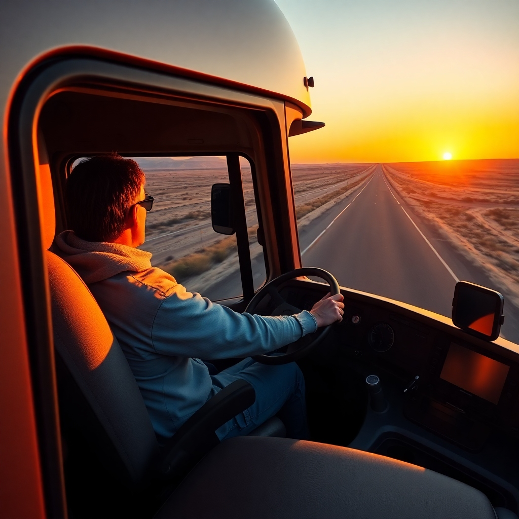 A photorealistic image of a lone semi-truck driver sitting in his cab, looking out at a vast, scenic American highway stretching to the horizon at sunset. The truck should be modern and clean, implying success and independence.  The lighting should be warm and inviting, emphasizing the feeling of freedom and adventure.  Details like the driver's relaxed posture and the setting sun should clearly convey a sense of peace and self-sufficiency.