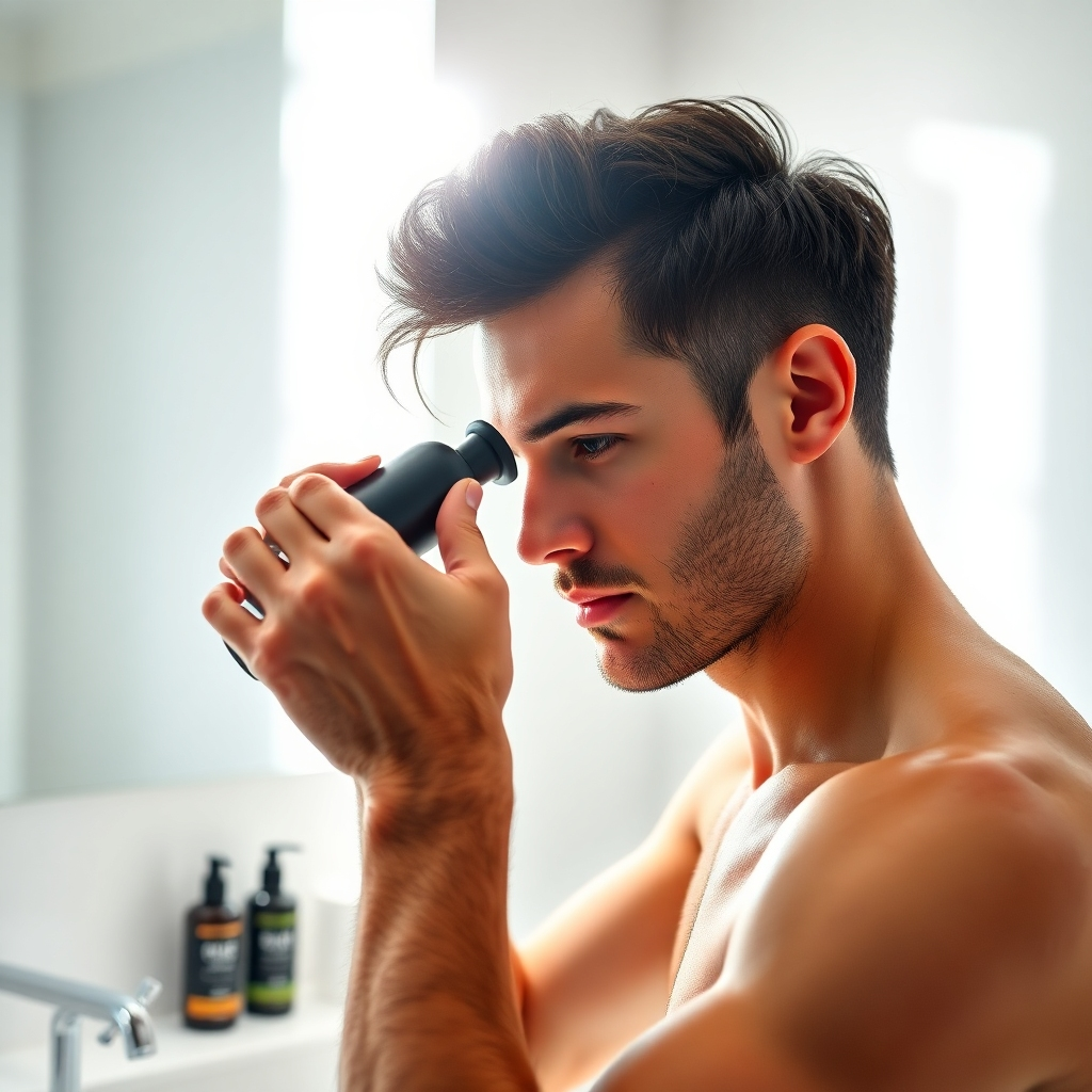 A photorealistic image of a man carefully applying hair product to his hair in a well-lit bathroom setting.  The lighting should be bright and clean, highlighting the process. Use a close-up perspective. Style the image to feel masculine and sophisticated.   Show high-quality products, tools, and a clean environment.