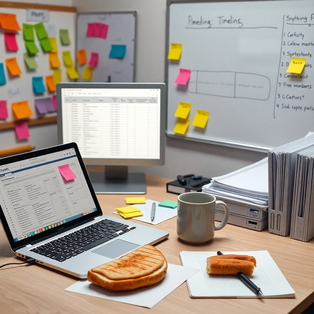 A photorealistic image of a meticulously organized planner's desk, showing a detailed spreadsheet on a laptop, color-coded sticky notes denoting tasks, timelines on a whiteboard, and physical files organized in labeled folders. A half-eaten sandwich and a coffee mug suggest a busy but productive environment. The overall aesthetic should suggest efficiency and control.