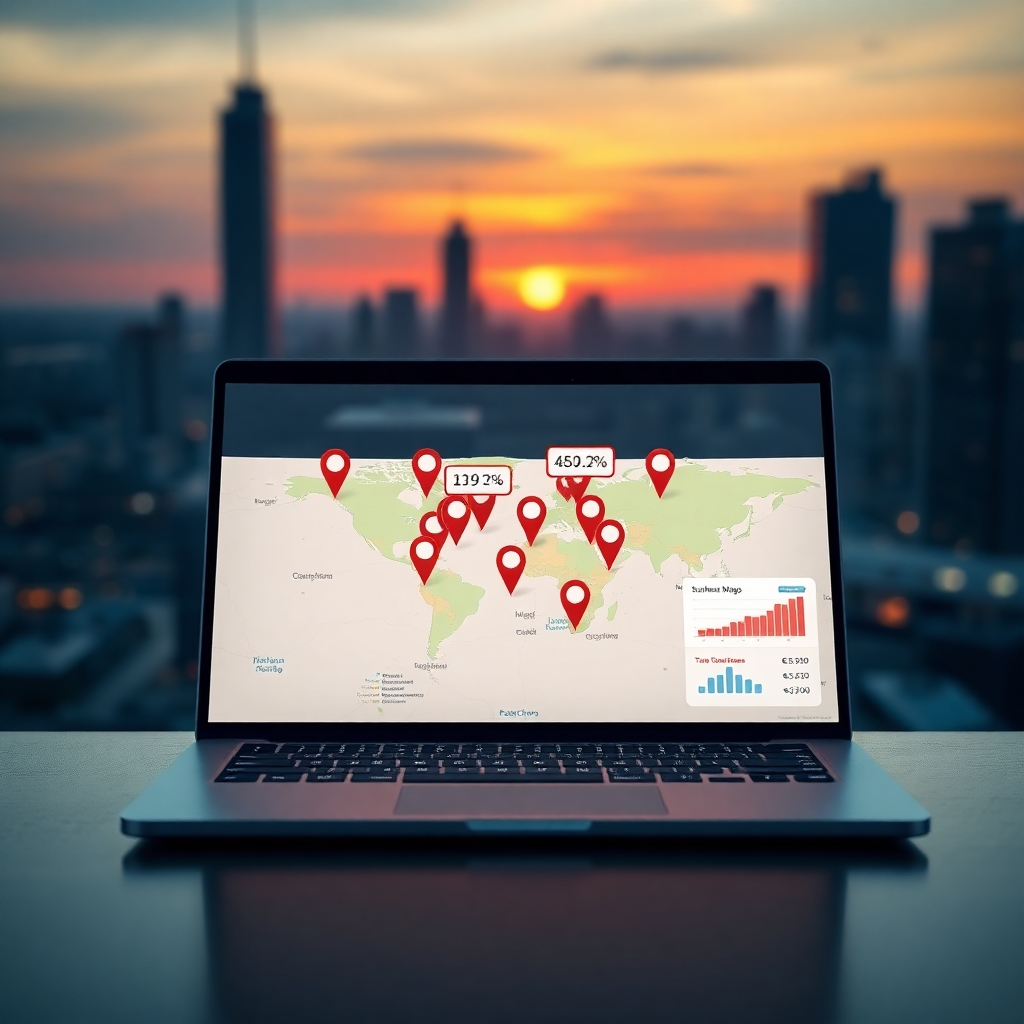 A photorealistic image of a modern laptop displaying a map with multiple location markers highlighting local businesses, along with graphs showing increased website traffic and customer engagement. The background should be a blurred cityscape at sunset, conveying a sense of local reach and success.