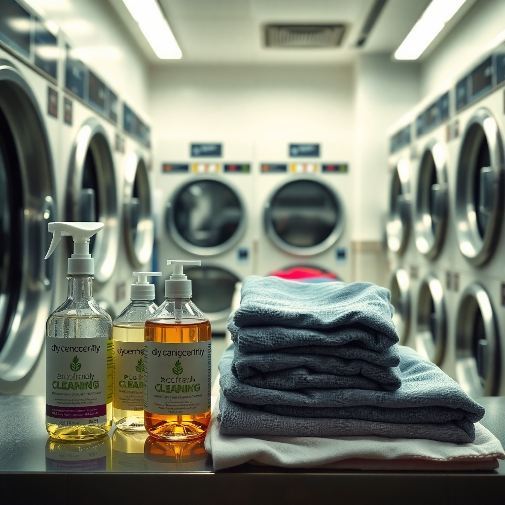 A photorealistic image of a modern, well-lit dry cleaning establishment.  In the foreground, highlight various eco-friendly cleaning products with clear labels, alongside neatly folded clothes. The overall scene should feel clean, bright, and convey a sense of environmental consciousness. Use vibrant, yet natural colors.
