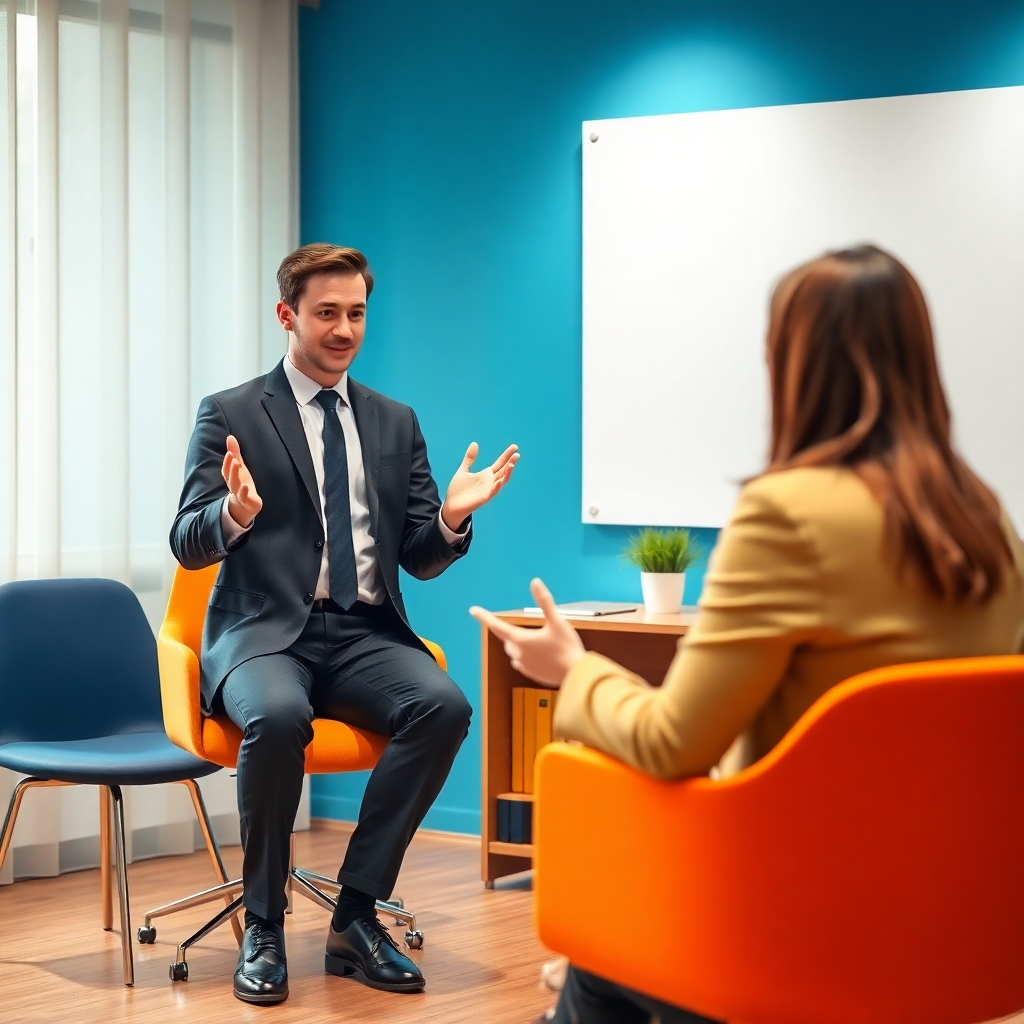 A photorealistic image of a mock job interview setting, showing a candidate exhibiting confident and professional body language. The style should resemble professional business coaching photography. The technical specs should be 4K resolution, high-quality rendering.