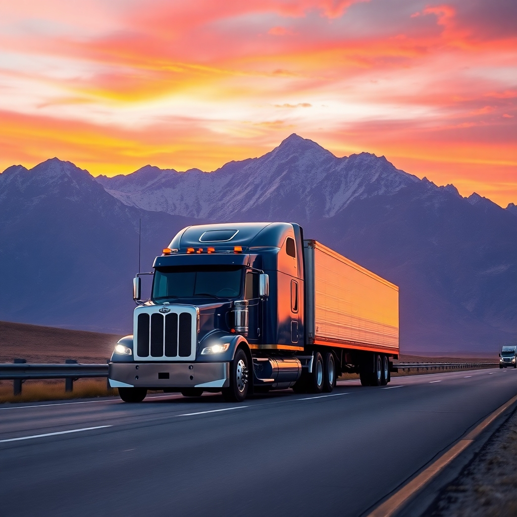 A photorealistic image of a modern, powerful semi-truck on a highway at sunset, with a majestic mountain range in the background. The truck should be clean, well-maintained, and carrying a full load. The sky should be a vibrant mix of orange, pink, and purple hues.  Focus on the scale and power of the truck against the expansive landscape.