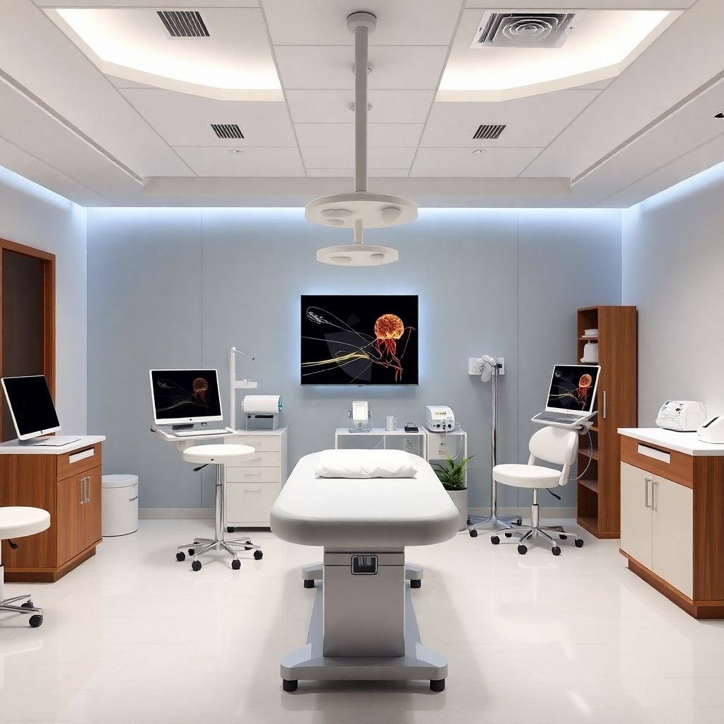 A photorealistic image of a modern acupuncture clinic, highlighting clean and professional aesthetics, advanced equipment, and a tranquil atmosphere.  The image should portray a balance between tradition and modern technology.