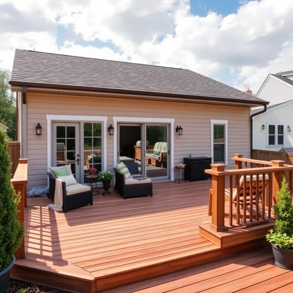 A photorealistic image of a newly built deck, showcasing the quality of the materials and craftsmanship. The image should be appealing and highlight the outdoor living space.
