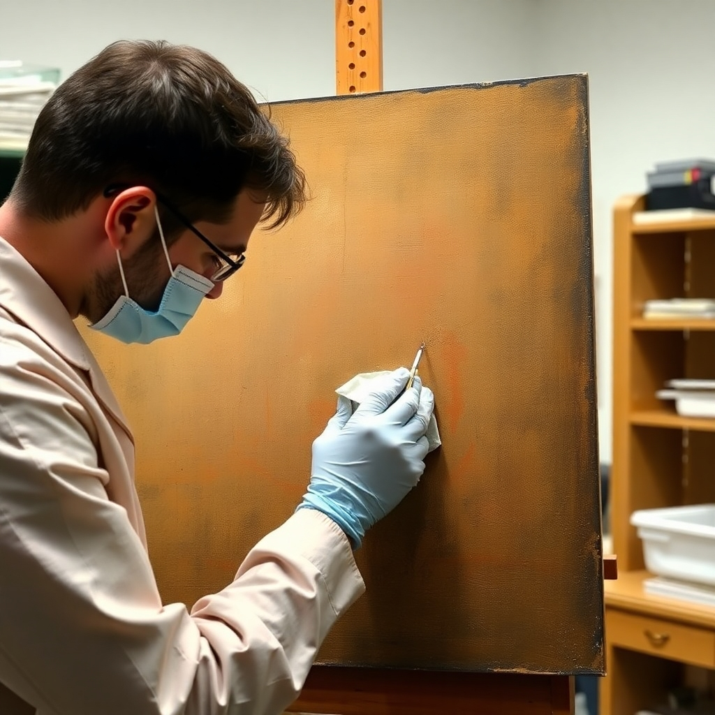 A photorealistic image of a painting undergoing conservation treatment. Focus on the gentle cleaning and the detailed examination of the artwork. The lighting should be soft, even and enhance the colors and textures of the painting.  The color palette should reflect the painting's original tones and materials. The background can be a specialized conservation lab.