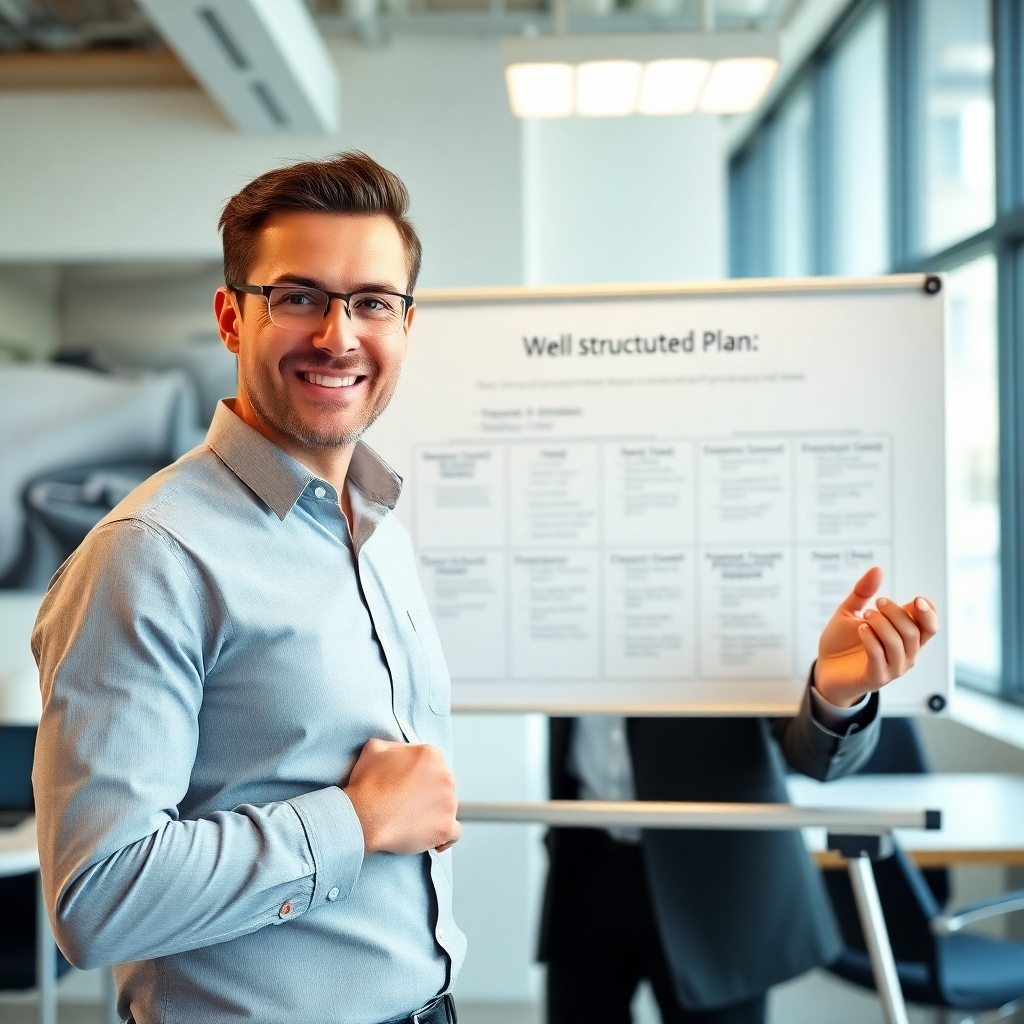 A photorealistic image of a person confidently presenting a well-structured plan on a whiteboard. Use a bright, well-lit office setting, showcasing the plan's clarity and the individual's determined expression. High-quality, sharp details are important. The style should resemble a contemporary office environment, projecting ambition and clarity. The technical specs should be 4K resolution, high-quality rendering.