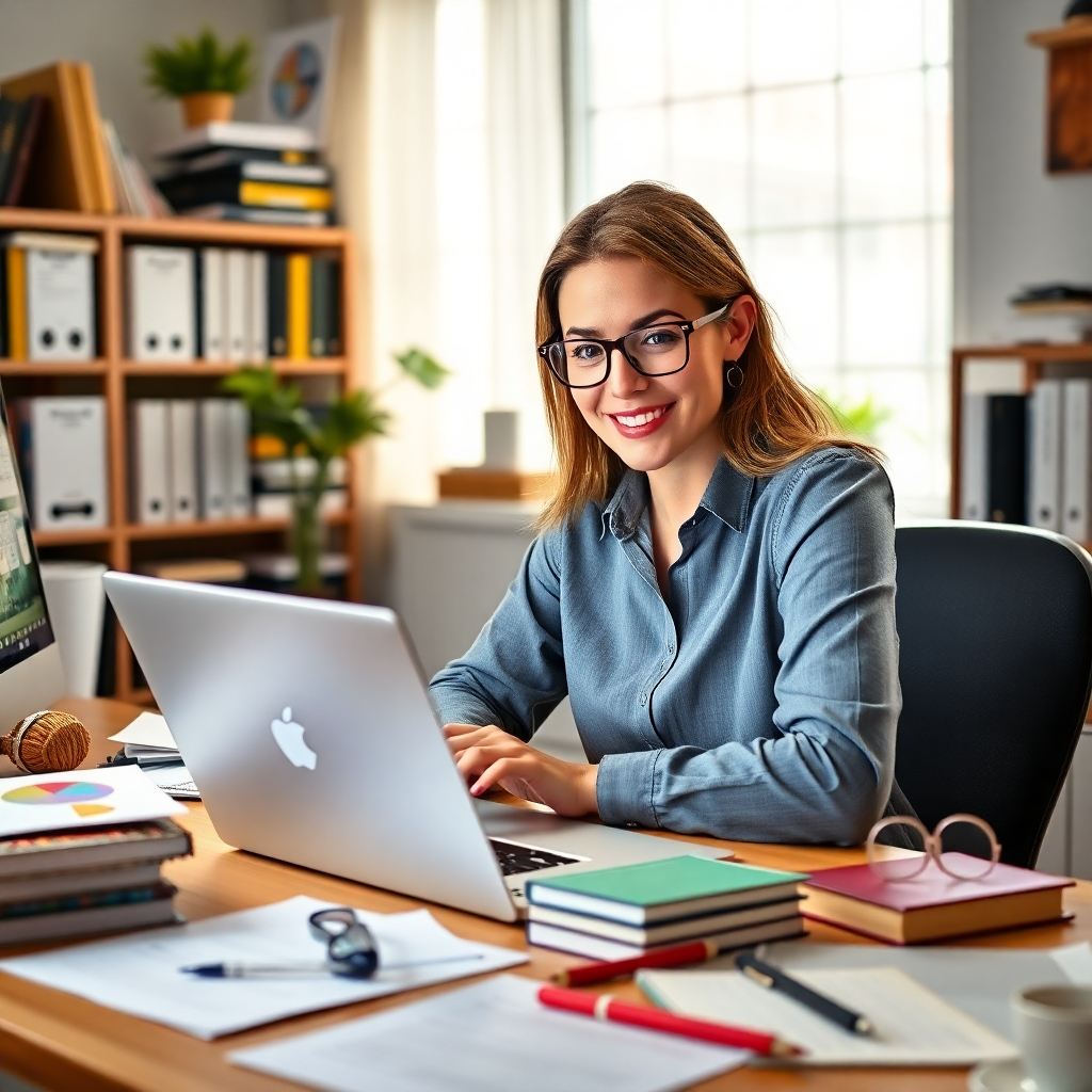 A photorealistic image of a person confidently using a laptop, surrounded by positive job search resources like books, and a calendar, conveying thorough planning and preparedness. The environment should be a modern, well-lit home office, conveying competence and organization. The style should evoke a modern, focused work environment, emphasizing planning and organization. The technical specs should be 4K resolution, high-quality rendering.