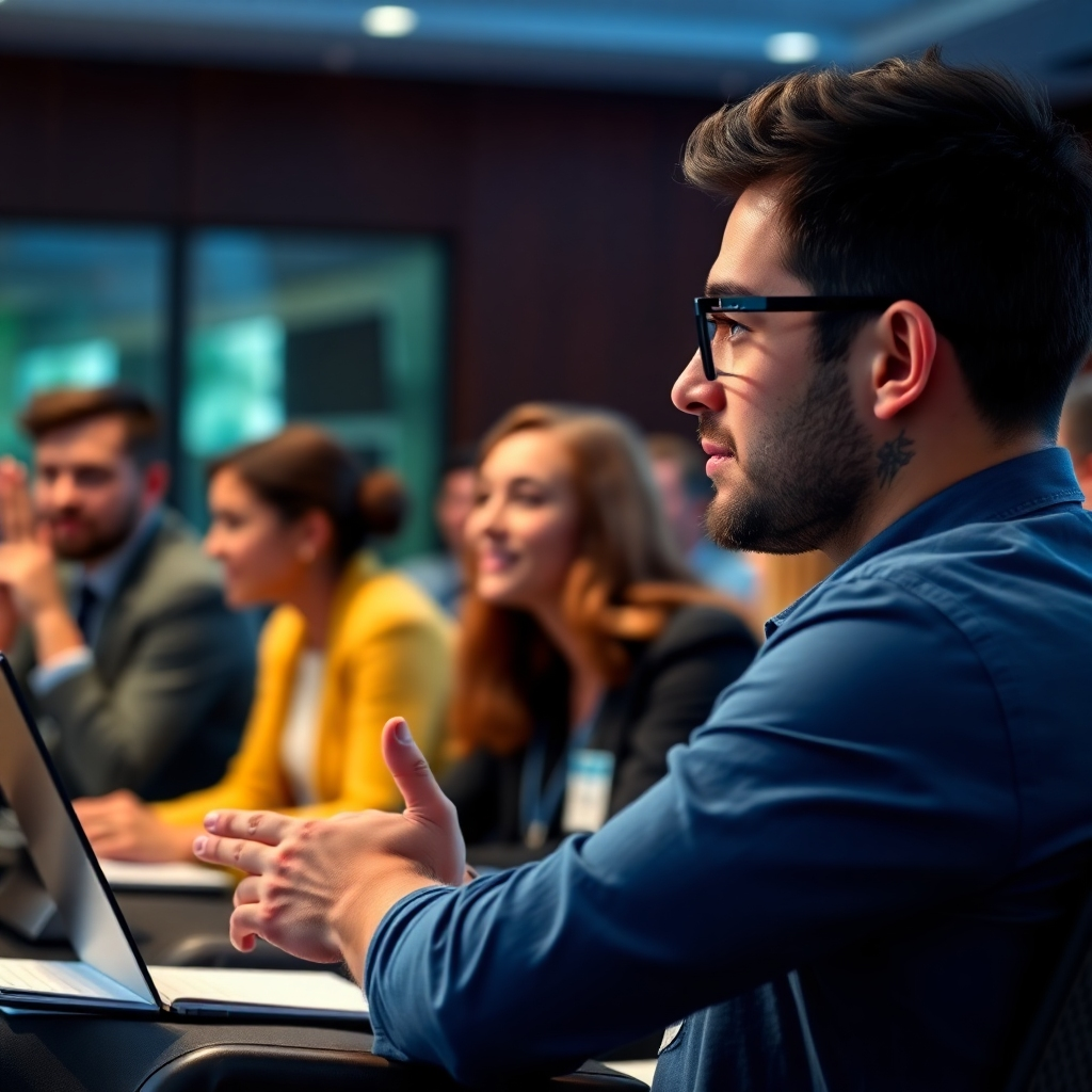 A photorealistic image of a person actively participating in a professional development seminar, showing engagement and growth mindset.  The setting should be lively, highlighting interaction, collaboration and the learning experience. The style should resemble a corporate training session, highlighting engagement and collaboration. The technical specs should be 4K resolution, high-quality rendering.