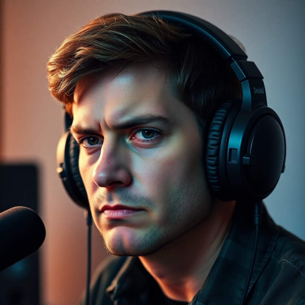  A photorealistic image of a person listening intently to a final audio mix, wearing high-quality headphones, with a serious facial expression that conveys concentration and evaluation. The background can be abstract or minimalistic.