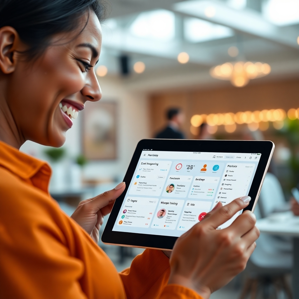A photorealistic image of a person smiling and using a tablet, displaying a user-friendly event planning app interface. The interface should visually showcase features like task management, guest list management, budget tracking, and communication tools. The background should be a bright and airy workspace.