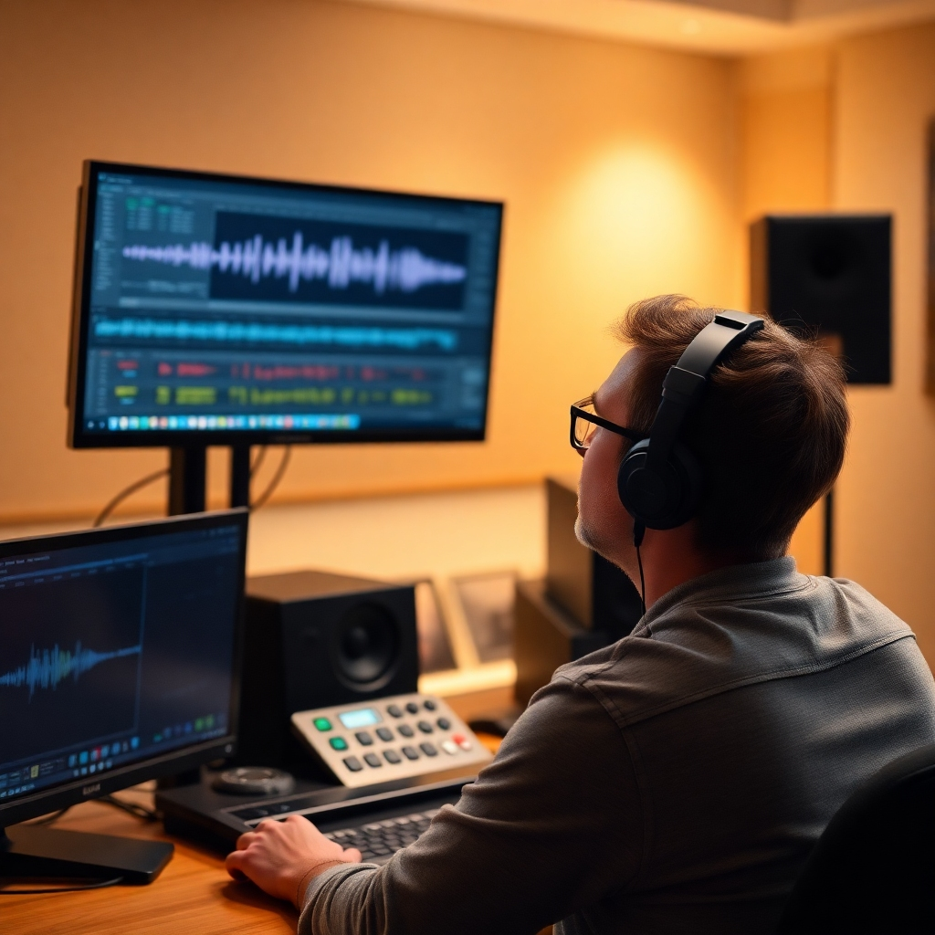 A photorealistic image of a person looking attentively at a computer screen displaying various audio waveforms. The setting should be a professional recording studio, with warm lighting and a sense of focus. The image should communicate the learning process involved in mastering audio editing. Technical Specs: 4K resolution, high quality.