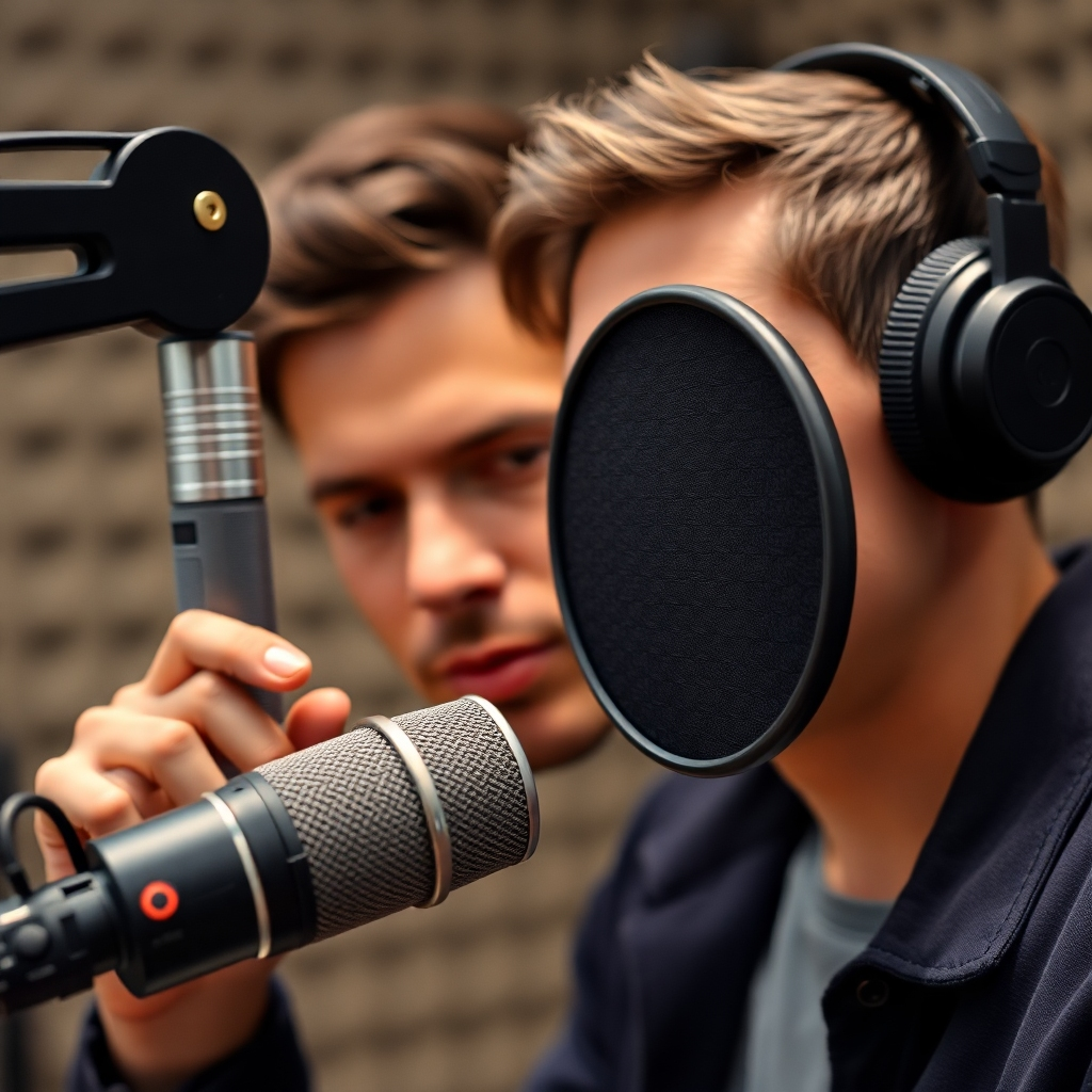  A photorealistic image of a person using a high-quality microphone in a sound booth. Focus on the detail of the microphone and the serious, focused expression of the person. The background should be blurred softly. The style should be clean and professional, evocative of sound recordings and professionalism.