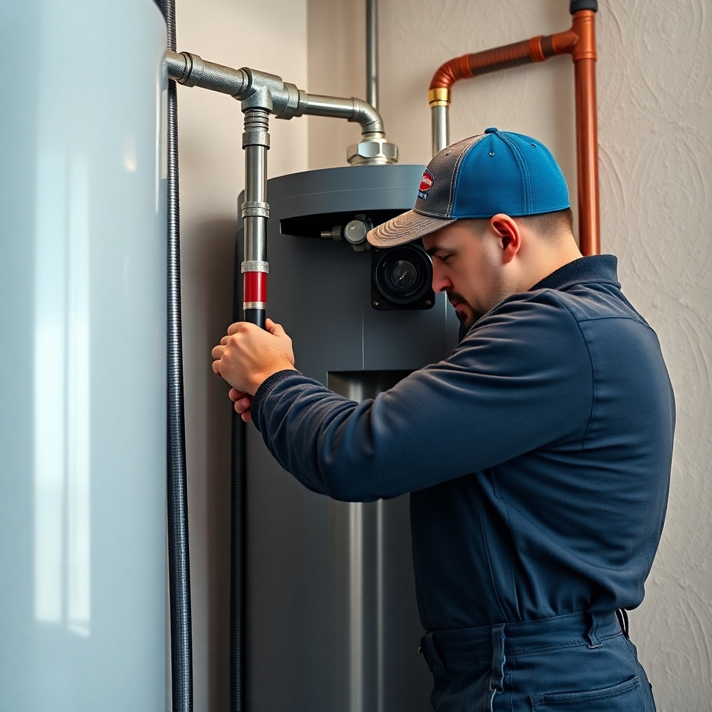 A photorealistic image of a plumber meticulously servicing a residential water heater. The image should showcase the plumber safely and methodically working on the tank, perhaps cleaning or inspecting a component. The image should be bright, showing the water heater in great detail and highlighting the plumber's expertise.