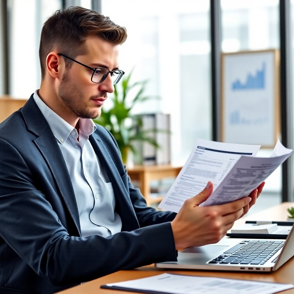 A photorealistic image of a professional accountant using tax software with several financial documents. The setting should be a modern and clean office space, conveying professionalism and accuracy.  The color palette should be professional and the image should convey a feeling of efficiency and trust.