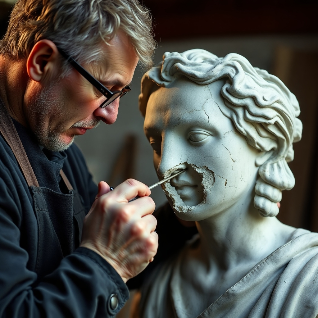 A photorealistic image of a sculptor carefully working on a damaged statue, highlighting the tools and techniques used. Focus on texture and detail.  The lighting should be soft, natural and emphasize the craftsmanship. The color palette should depend on the material of the statue.  The background can be a studio or workshop.