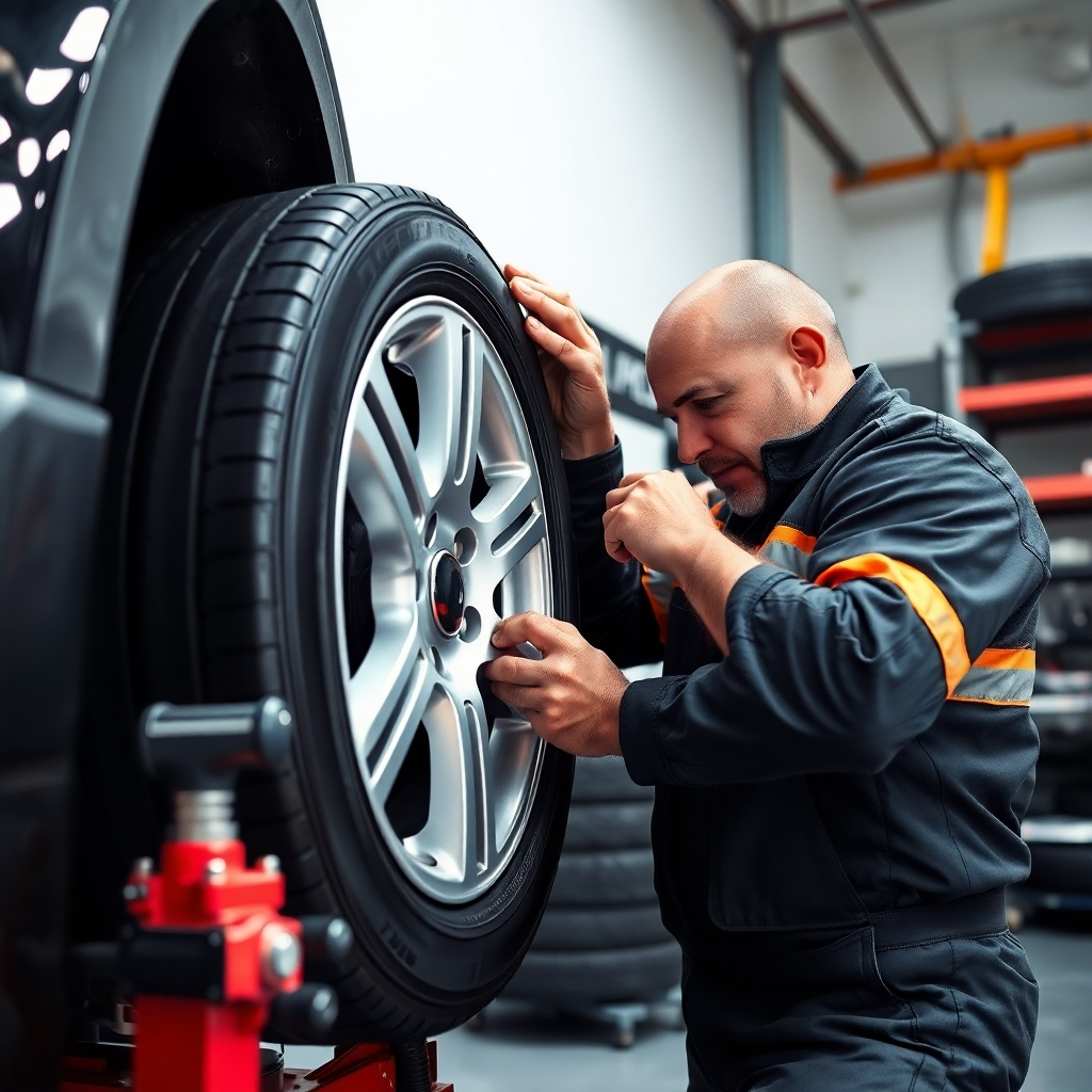 A photorealistic image of a skilled technician expertly installing a new tire onto a car rim using specialized tools. The setting should be a clean and well-equipped tire shop. The image should emphasize the technician's focus and precision, highlighting the professional tools being used.  The lighting should be bright and clear, focusing on the action.