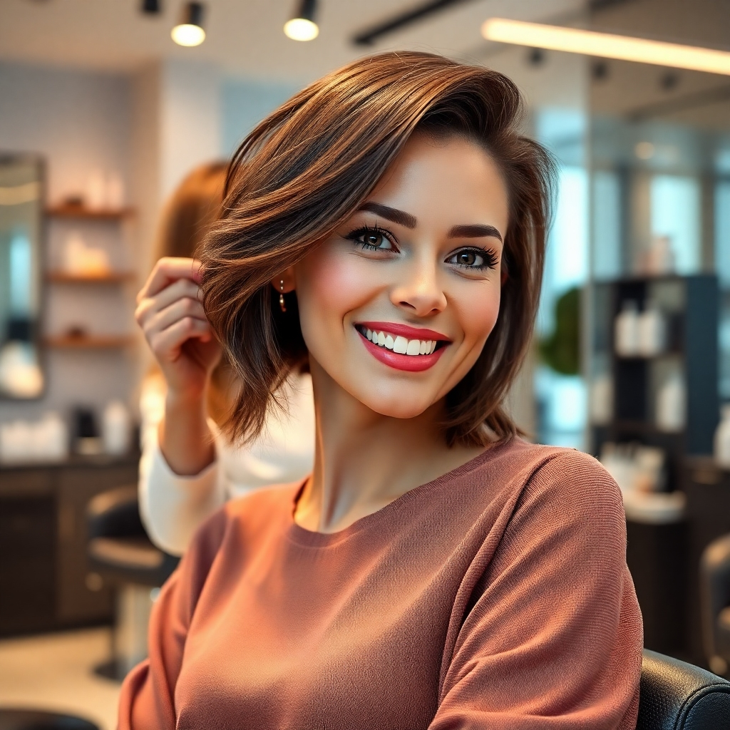 A photorealistic image of a smiling woman with a stylish new haircut, sitting in a modern, well-lit hair salon chair. The stylist is subtly visible in the background, carefully adjusting a strand of her hair.  The salon should have sleek, minimalist decor with warm lighting, showcasing high-end hair care products.