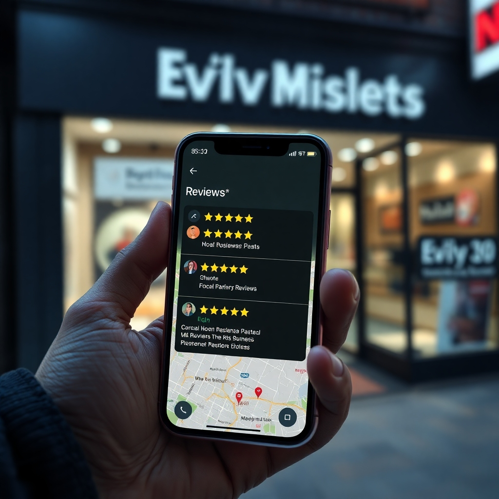  A photorealistic image of a smartphone displaying a map with multiple positive reviews and high ratings for a local business highlighted prominently. The background should subtly show the business's storefront.