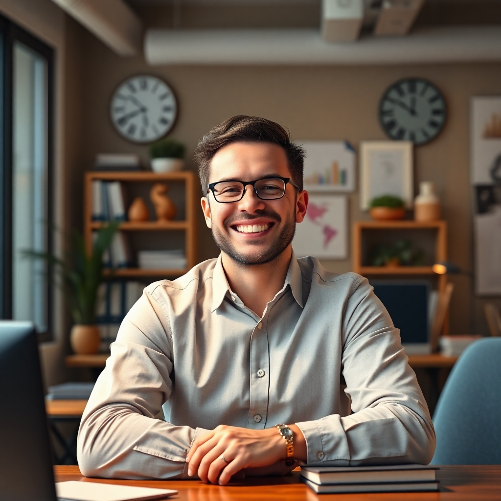 A photorealistic image of a successful professional, radiating confidence and happiness in their workspace. The setting should be warm and inviting, with symbols of achievement subtly incorporated.  The style should be similar to motivational business photography, showcasing achievement and success.  The technical specs should be 4K resolution, high-quality rendering.