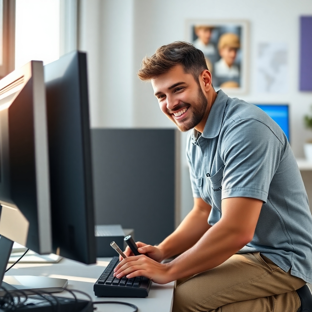 A photorealistic image of a technician smiling, kneeling beside a desktop computer, actively working on it with tools;  background should be a modern home office, emphasizing speed and efficiency.  The image should have bright, natural lighting and a clean, professional aesthetic. The technician should be wearing a branded company shirt.