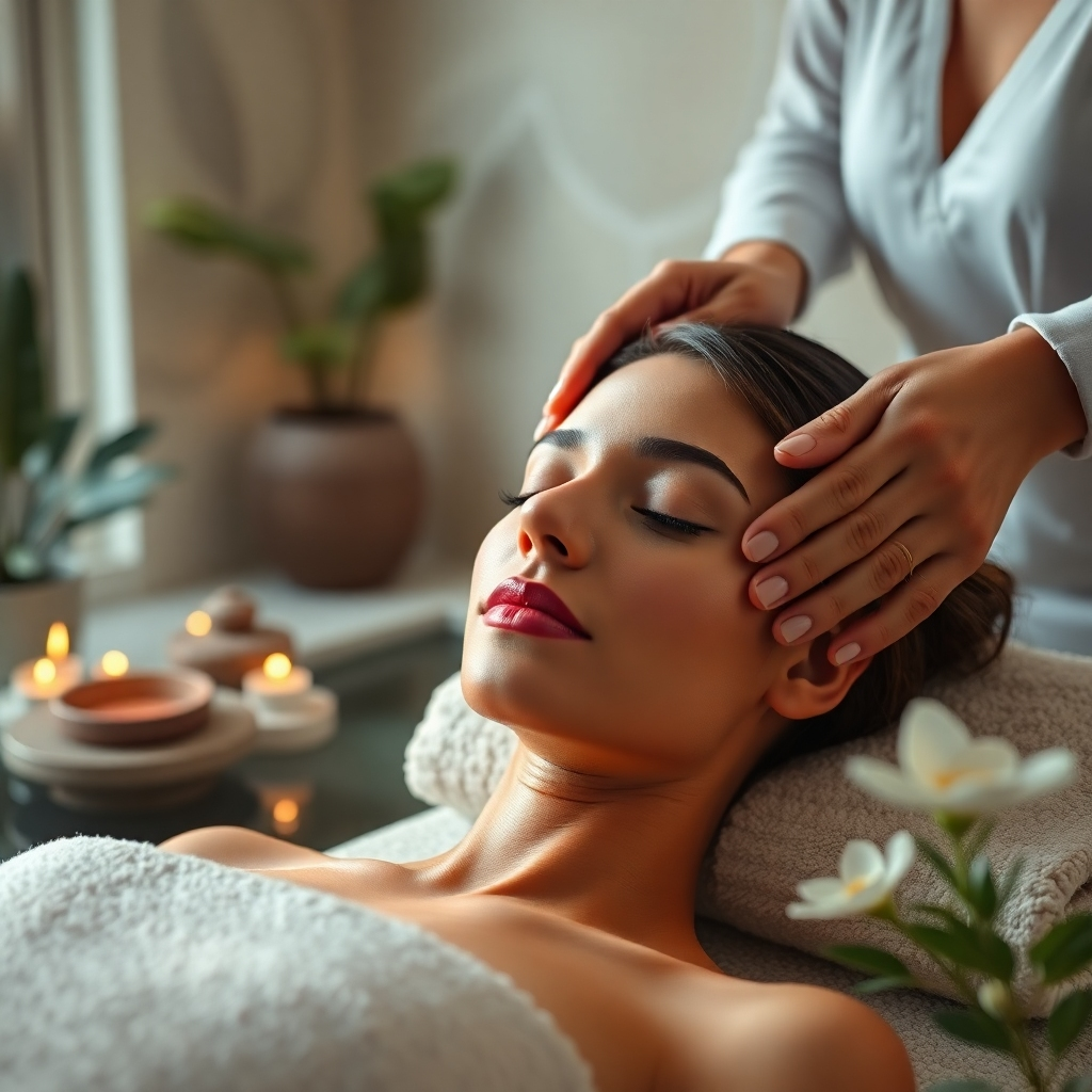 A photorealistic image of a tranquil spa setting, featuring a woman receiving a relaxing facial massage. The spa should have soft lighting, calming colors, and natural elements like plants and water features. The atmosphere should evoke serenity and luxury. High-resolution, sharp focus, soft lighting, natural colors