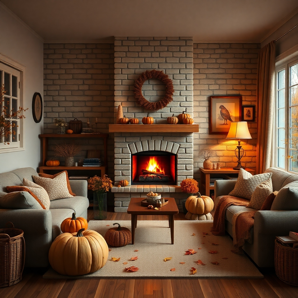 A photorealistic image of a warm and inviting living room scene in autumn. A fireplace is burning softly, casting a warm glow on the room. The room is meticulously clean and organized, with autumn-themed decor like pumpkins, warm-colored blankets, and leaves.  The overall atmosphere is cozy, inviting and impeccably clean.