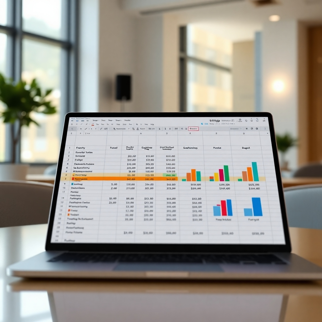 A photorealistic image of a well-organized spreadsheet on a laptop screen, showing detailed budget categories for an event (venue, catering, decorations, entertainment, etc.) with colorful charts and graphs summarizing the financial overview. The background should be a clean, modern office setting with natural light.