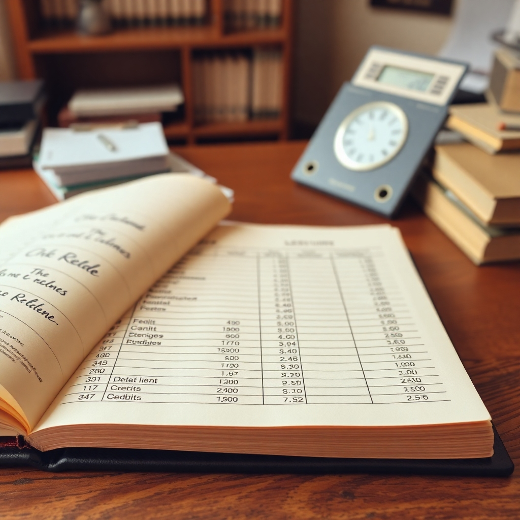 A photorealistic image of a well-organized ledger with clearly marked debits and credits.  Use a high-quality camera angle from a slightly above perspective, ensuring crisp text clarity. Use a color palette of warm browns and creams to convey a sense of timelessness and stability.  The setting is a classic accounting office to suggest traditional aspects of accounting but with subtle technological integrations.