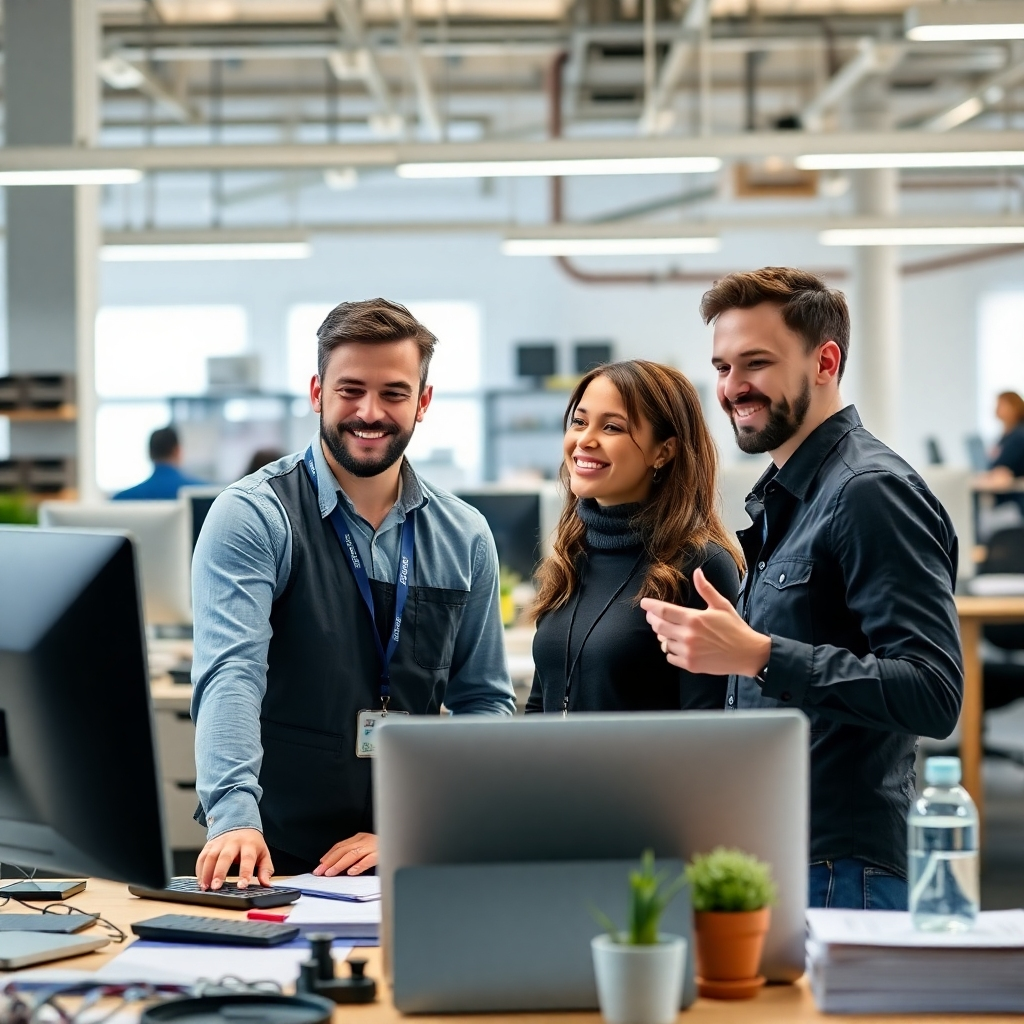 A photorealistic image of a well-organized and efficient workplace with happy employees collaborating. The image should exude a feeling of productivity and efficiency.