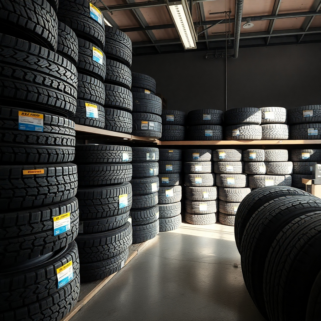 A photorealistic image of a well-organized tire shop, showcasing a wide array of new and used tires neatly stacked on shelves.  The image should be brightly lit, with clear labels indicating tire sizes and brands.  Include various tire types, such as all-season, performance, and winter tires. The background should subtly suggest a clean and professional workspace.