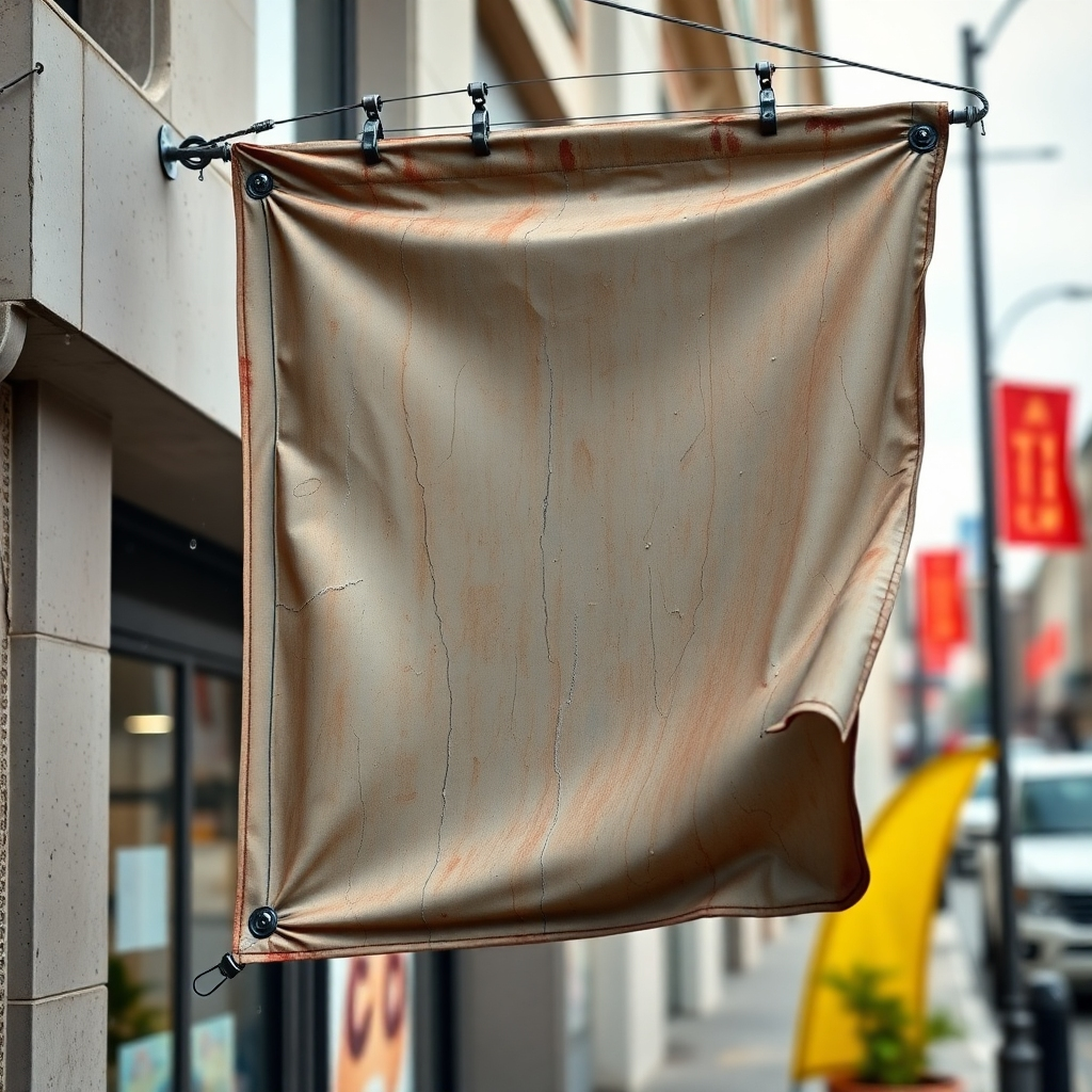 A photorealistic image of a weathered outdoor banner or sign, showing minimal wear despite being exposed to the elements (sun, rain, etc.).  The colors should remain vibrant and the image sharp and clear. The background should show a realistic outdoor setting, such as a building facade or a busy street. The image should focus on the durability and long-lasting nature of the print.