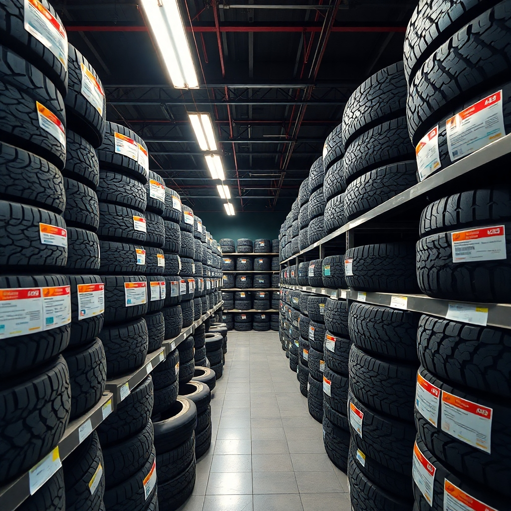 A photorealistic image of a well-organized tire shop displaying a wide array of new tires neatly stacked on shelves, with various brand logos clearly visible.  Bright, even lighting, high-resolution, detailed texture of the tires.