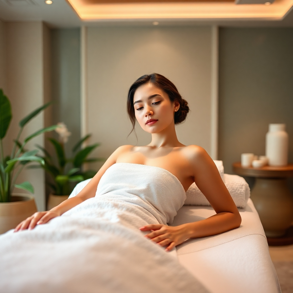 A photorealistic image of a person relaxing on a massage table in a luxurious spa setting. Soft lighting, calming colors (e.g., muted greens and blues), and natural elements (e.g., plants) are present. The person appears serene and at ease, with a focus on the calming atmosphere of the spa.