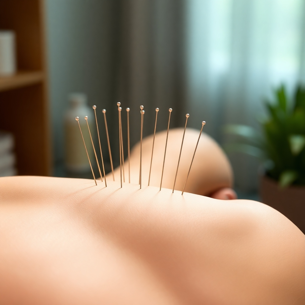 A photorealistic image of acupuncture needles placed on a model's back, with a focus on the details of the procedure.  The background should be a calm and peaceful setting.  Include calming colors and soft lighting.
