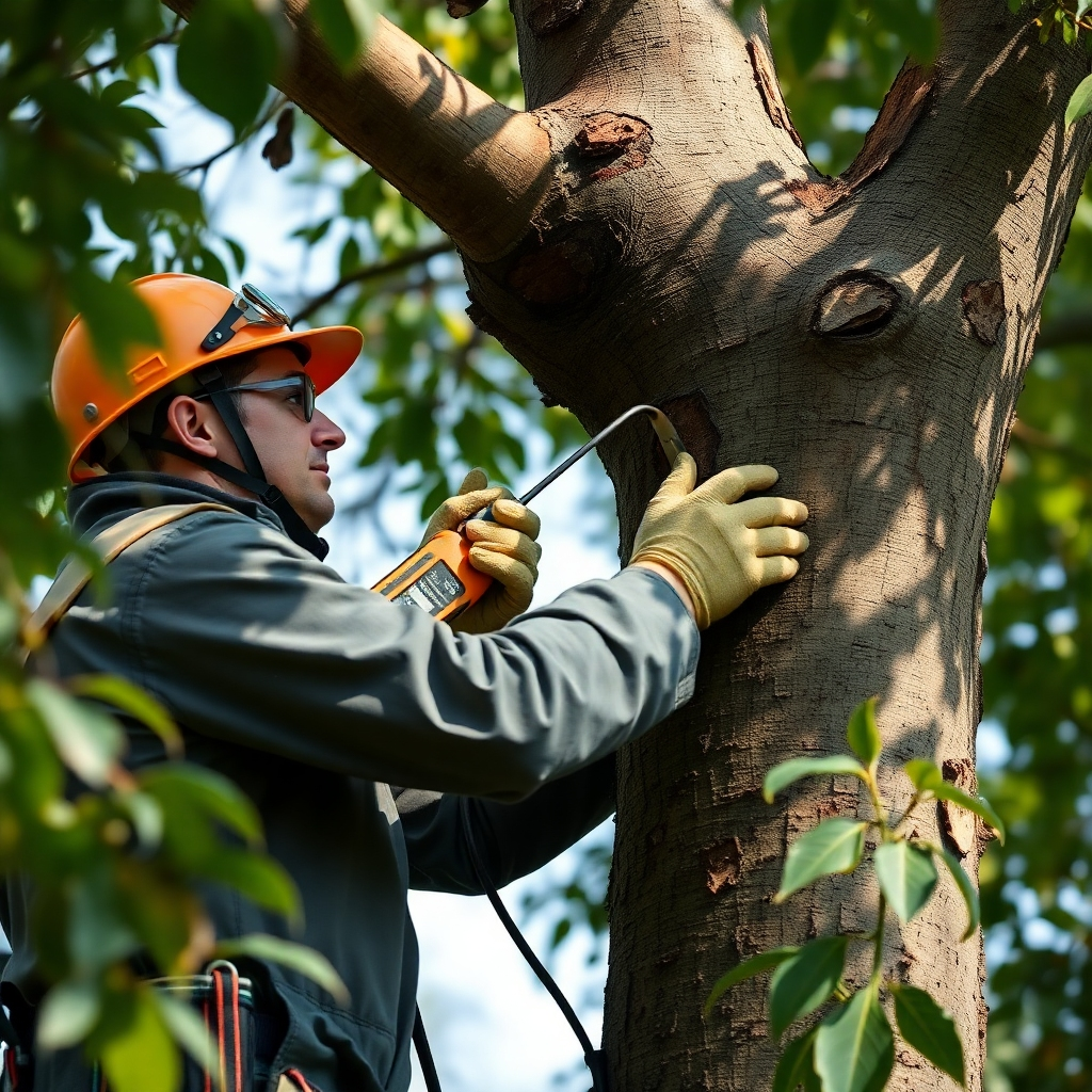 A photorealistic image of an arborist applying treatment to a tree with visible signs of disease or pest infestation.  Show the tools and methods used. Resolution: 4K, High-quality
