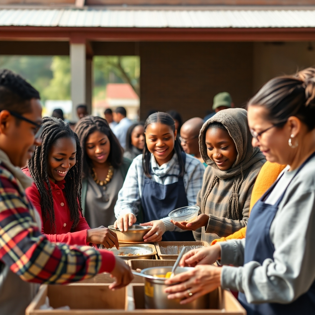 A photorealistic image of church volunteers actively involved in a community service project. This could be a soup kitchen, a clothing drive, or assisting at a local school. Show diverse individuals working collaboratively, with a focus on genuine engagement and positive interactions. Emphasize the atmosphere of teamwork, compassion, and the tangible positive impact on the community. The background should clearly indicate the community setting, such as a local park or community center.
